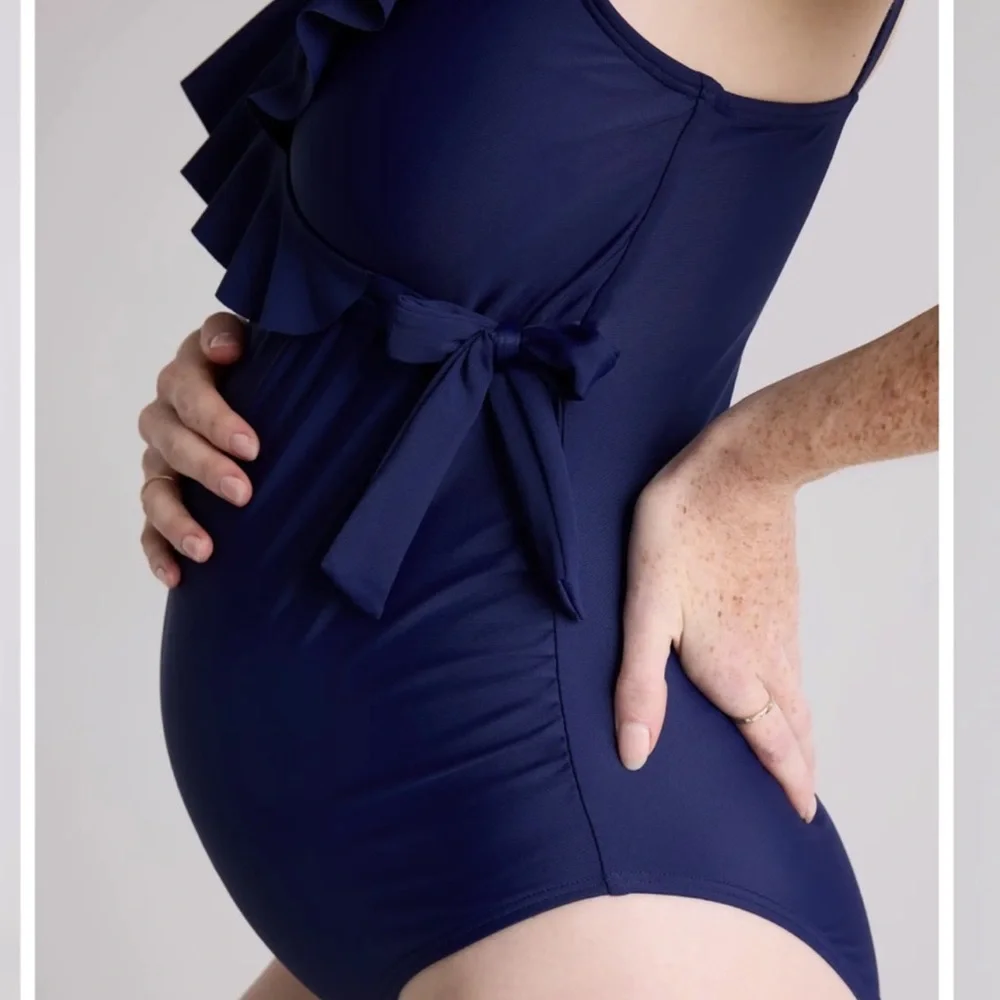 NWT Quince Italian Maternity One-Piece Ruffle Wrap Swimsuit Navy Blue Sz Large - Picture 2 of 11